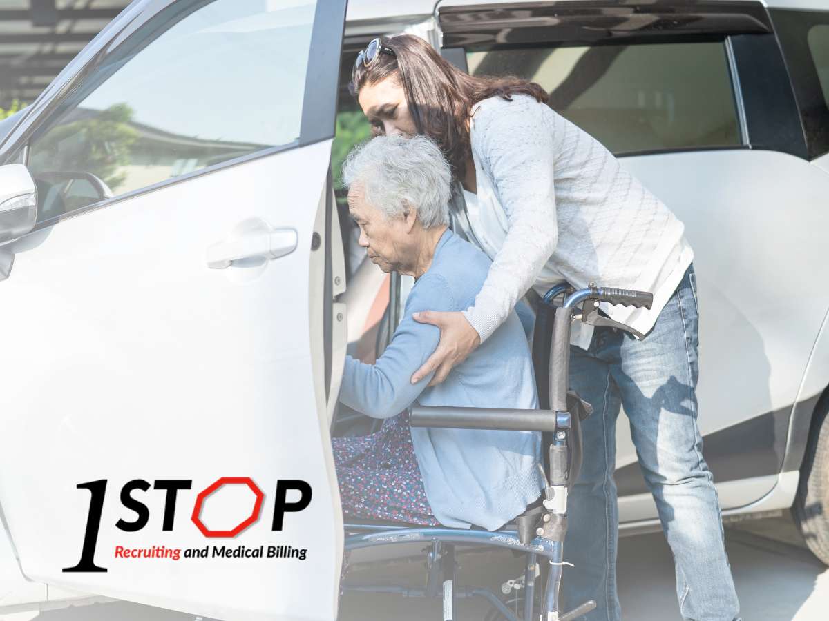 A travel nurse helping her patient get in a car in AZ